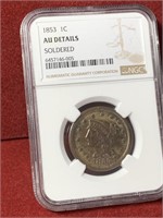 1853 UNITED STATES LIBERTY ONE CENT AU DETAILS