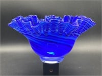 Hand Blown Cobalt Blue Swirl Ruffled Glass Bowl