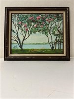 Vintage hand painted magnolia and lake scene