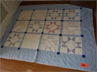 69 X 82 BLUE BORDER QUILT- SHOWS WEAR & STAINS