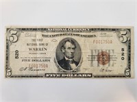 $5 1929 National Bank FR-1800-1 Warren