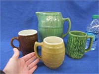 pottery pitcher & 3 mugs