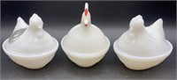 3 VTG Indiana Milk Glass Lidded Hen Candy Dishes