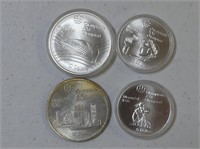 FOUR 1976 MONTREAL OLYMPIC SILVER $5, $10 COINS