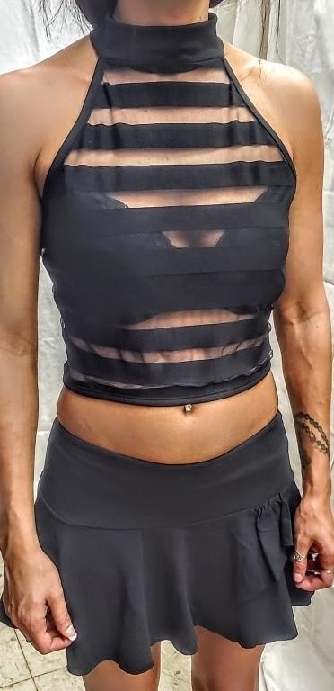 Black Mesh Stripe Top w/skirt