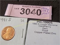 1990 S and 1991 S proof pennies