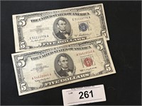1953 Blue Seal $5 And 1963 Red Seal $5