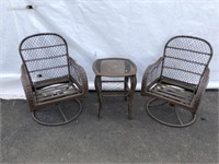 Pair of Wicker Swivel Chairs and End Table