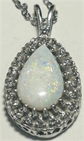 14KT WHITE GOLD OPAL & DIAMOND PENDANT WITH