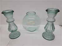 3pc Tinted Glass Fishbowl & Pair of Candle Holders