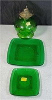 Green oil lamp without globe and 2 green plates