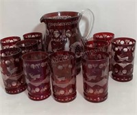 Bohemian Ruby Cut to Clear Water Set marked XMas