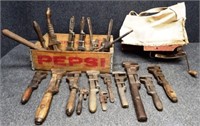 Pepsi Crate, Hand Seeder & Pipe Wrenches
