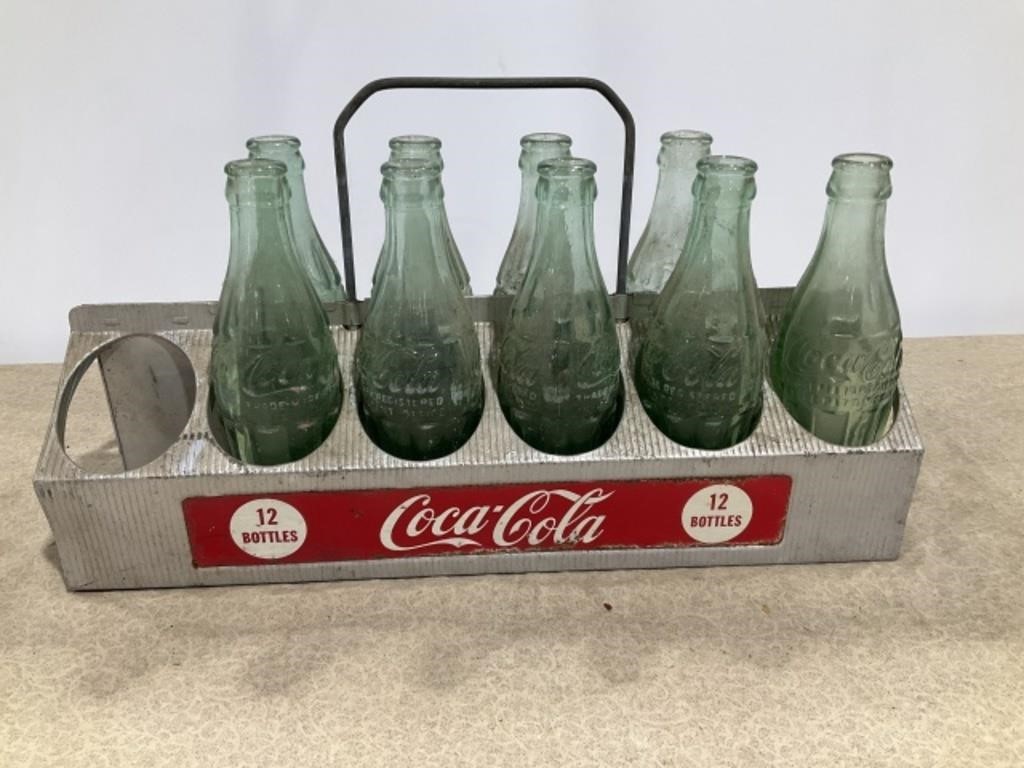 Coca Cola metal 12 bottle carry pack, 9 bottles