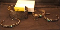 4 BRACELETS, 3 WITH TORQUIOSE AND 1 THIMBLE