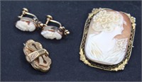 CAMEO AND EARRINGS, DECO BROACH VAN DELL, 24KT