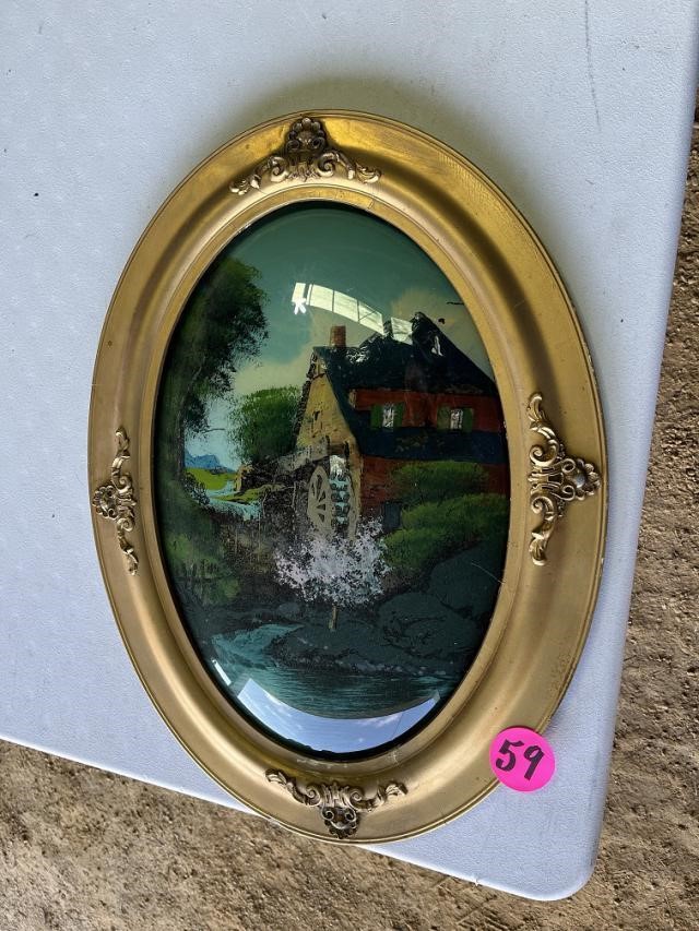 Water Mill Reverse Painting on Oval Glass