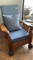 Antique oak reclining chair, carved feet, blue