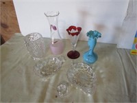 7 PIECES GLASSWARE- VASES, MORE