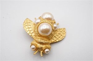 Faux Pearl and Gold Tone Bee Brooch