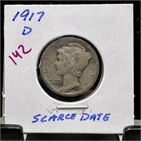 1917-D MERCURY SILVER DIME SC DATE