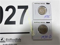 Lot of 2 Buffalo Nickels - 1934 & 1934 D