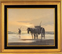 Dutch Style Oil on Canvas of Clam Digger and Horse