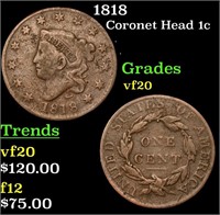 1818 Coronet Head Large Cent 1c Grades vf, very fi