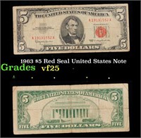 1963 $5 Red Seal United States Note Grades vf+