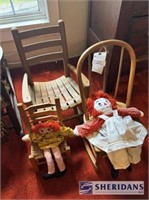 (2) CHILD'S ROCKERS, (1) DOLL CHAIR W/(2) RAGGEDY