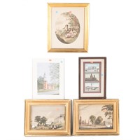 Five assorted prints; three framed