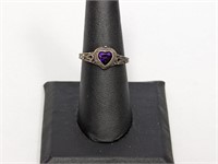 .925 Sterling Purple Stone Heart Ring Sz 7.5
