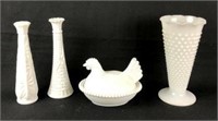 Milk Glass Hen on Nest & 3 Vases