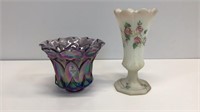 Two Fenton vases. Frosted glass is handpainted