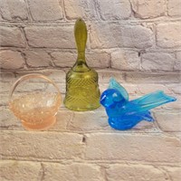 3pcs Glass - Green Bell, Blue Bird, Pink Basket