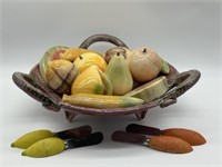 Pottery Bowl w/ Stone Fruit Pieces and 4 Spreaders