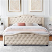 IDEALHOUSE King Size Upholstered Platform Bed Fram