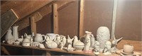Shelf of ceramic pieces & 1 finished pitcher