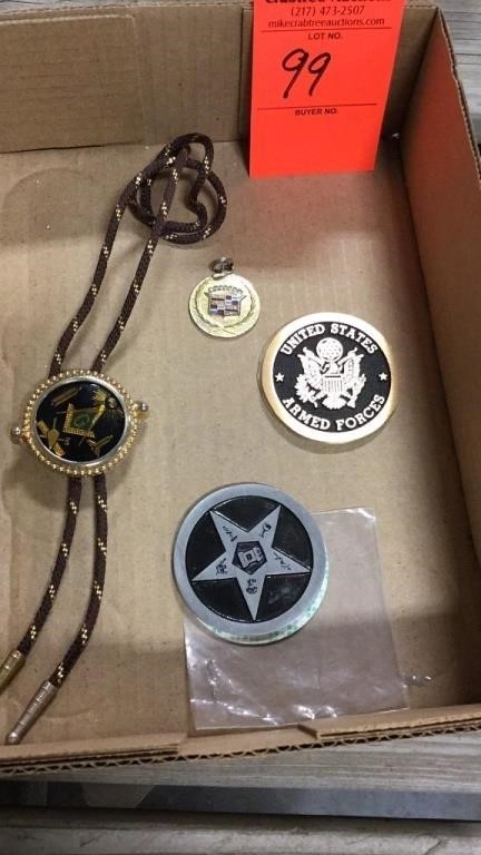 Masons bolo tie, Armed forces medallion, Cadillac