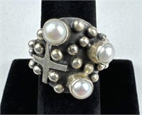 925 Silver Pearl Cross Ring