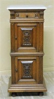 Henri II Style Marble Top Oak Side Cabinet.