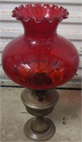 1930s Duplex Brass Double Wick Oil Lamp Red Glass