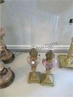 PAIR OF GLASS AND BRASS KEROSENE TABLE LAMPS