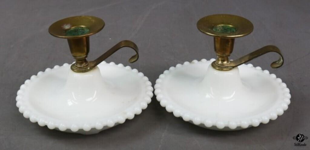 Milk Glass and Brass Candle Holders / 2 pc