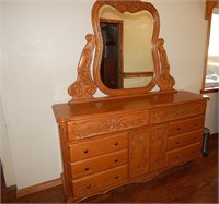 Very Large Carved Solid Oak Dresser & Mirror