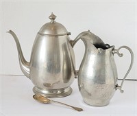 Pewter Coffee Pot and Handmade Silver Pitcher a