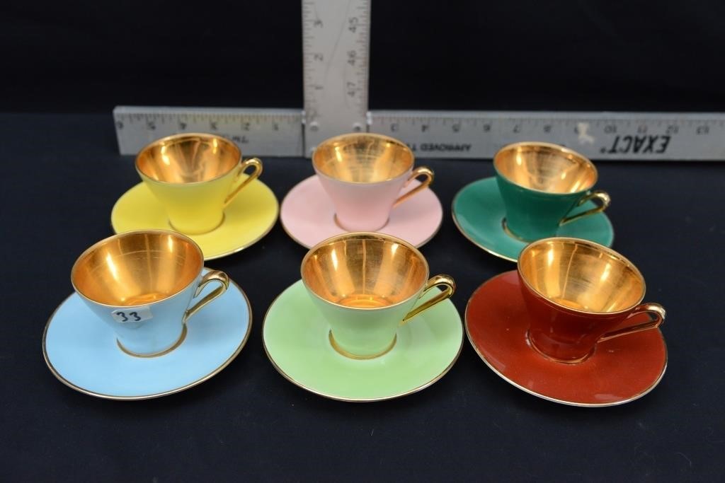 LIMOGES RETRO MULTI COVERED TEA CUPS AND SAUCERS