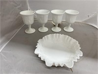 5pc  Milk Glass Goblets & Dish
