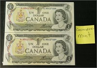 Lot of 2 Consecutive 1973 Bank of Canada $1 Bank N