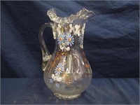 Vintage Painted Art Glass Pitcher Approx 11" T